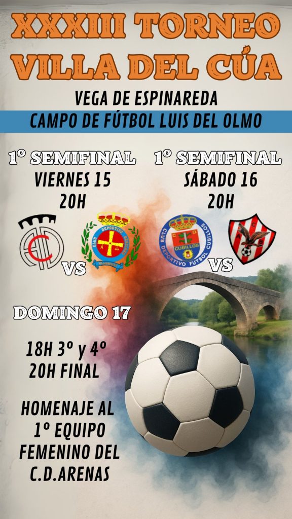 Cartel oficial del XXXIII Torneo Villa del Cúa en Vega de Espinareda con los equipos participantes.
